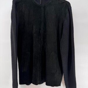 Claiborne Luxe Men’s XL Suede Front Knit Sleeve Zip Jacket Black Sweater Jacket